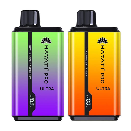 Hayati Pro Ultra vape, Kiwi Grape Raspberry & Pineapple Fantasy, LED battery, sleek gradient design.
