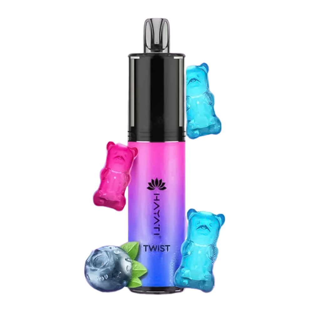 Hayati Twist disposable vape, blending the sweet and tangy essence of blueberry gummy bears for a deliciously chewy and fruity vaping experience.