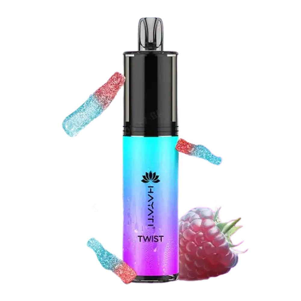 Hayati Twist disposable vape, delivering an electrifying mix of blue raspberry and sour candy flavors for a bold and tangy vaping experience.