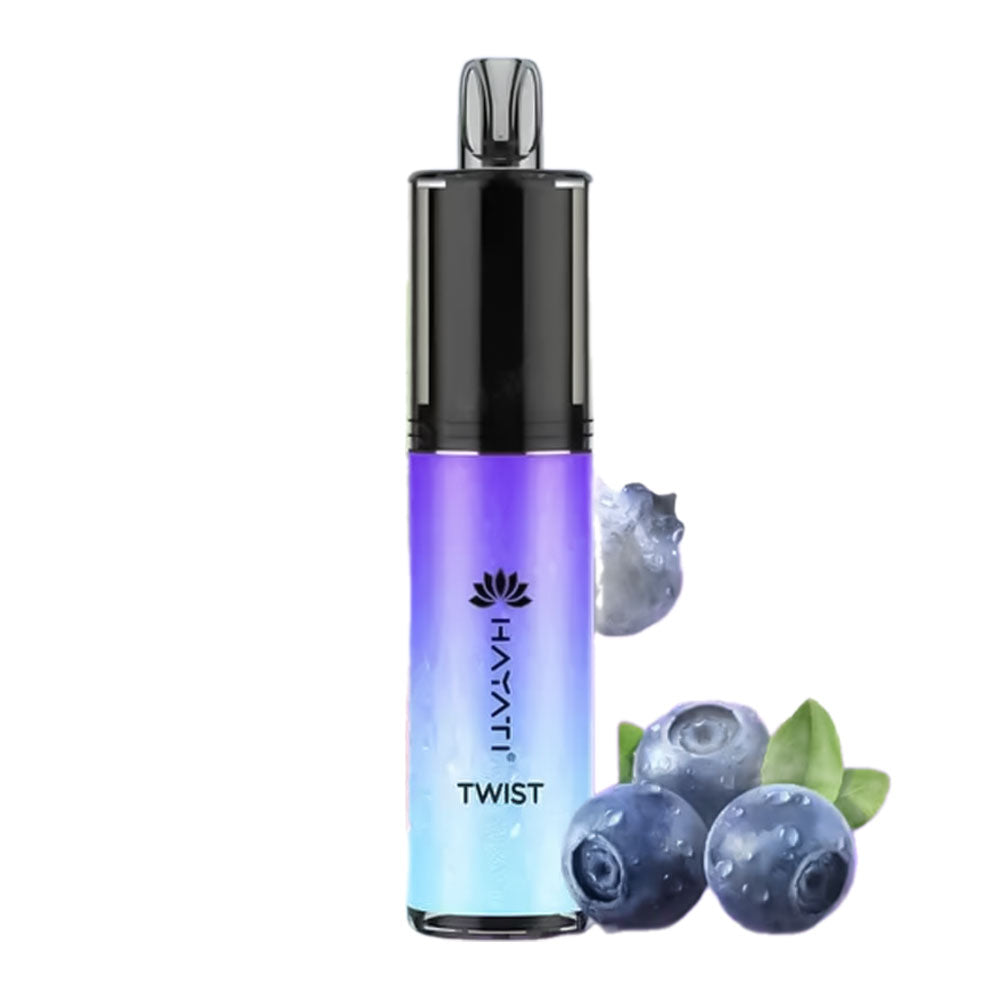 Hayati Twist disposable vape infused with the bold and juicy essence of ripe blueberries, delivering a sweet and tangy burst of flavor.