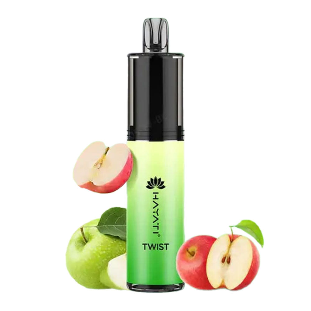 Hayati Twist disposable vape featuring a crisp and juicy apple blend, combining the sweetness of red apples with the tartness of green apples for a refreshing vaping experience