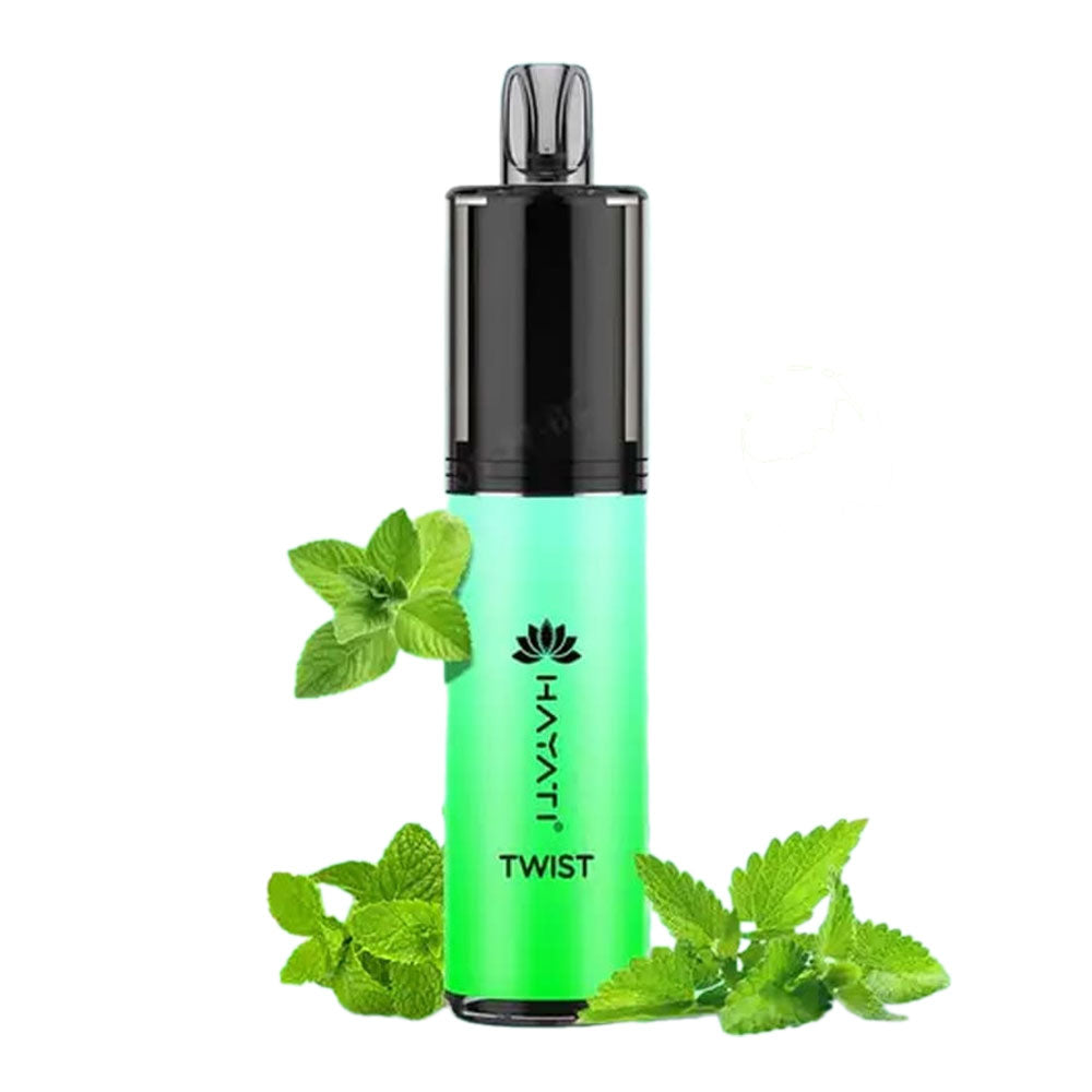 Hayati Twist disposable vape infused with a crisp and refreshing minty flavor, perfect for a cool and invigorating experience.