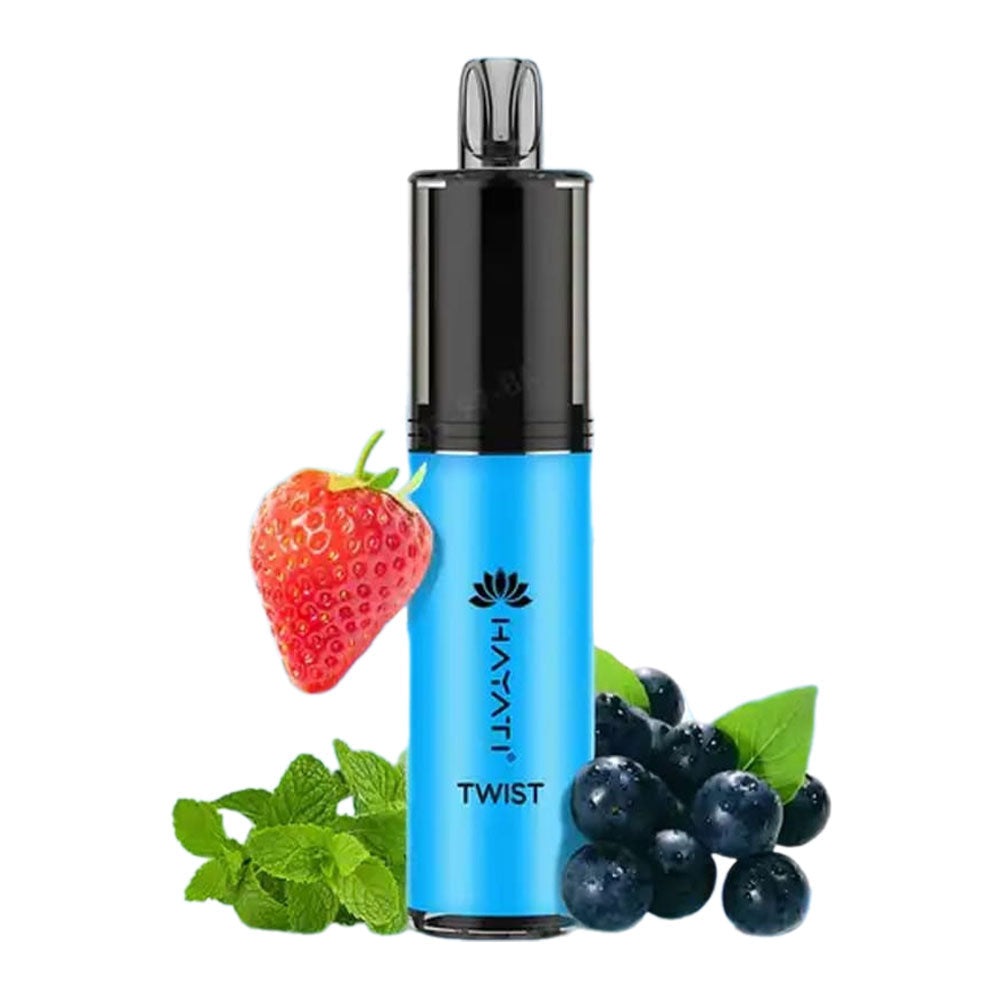 Hayati Twist disposable vape with a refreshing mix of sweet strawberry, juicy blueberries, and cooling mint.