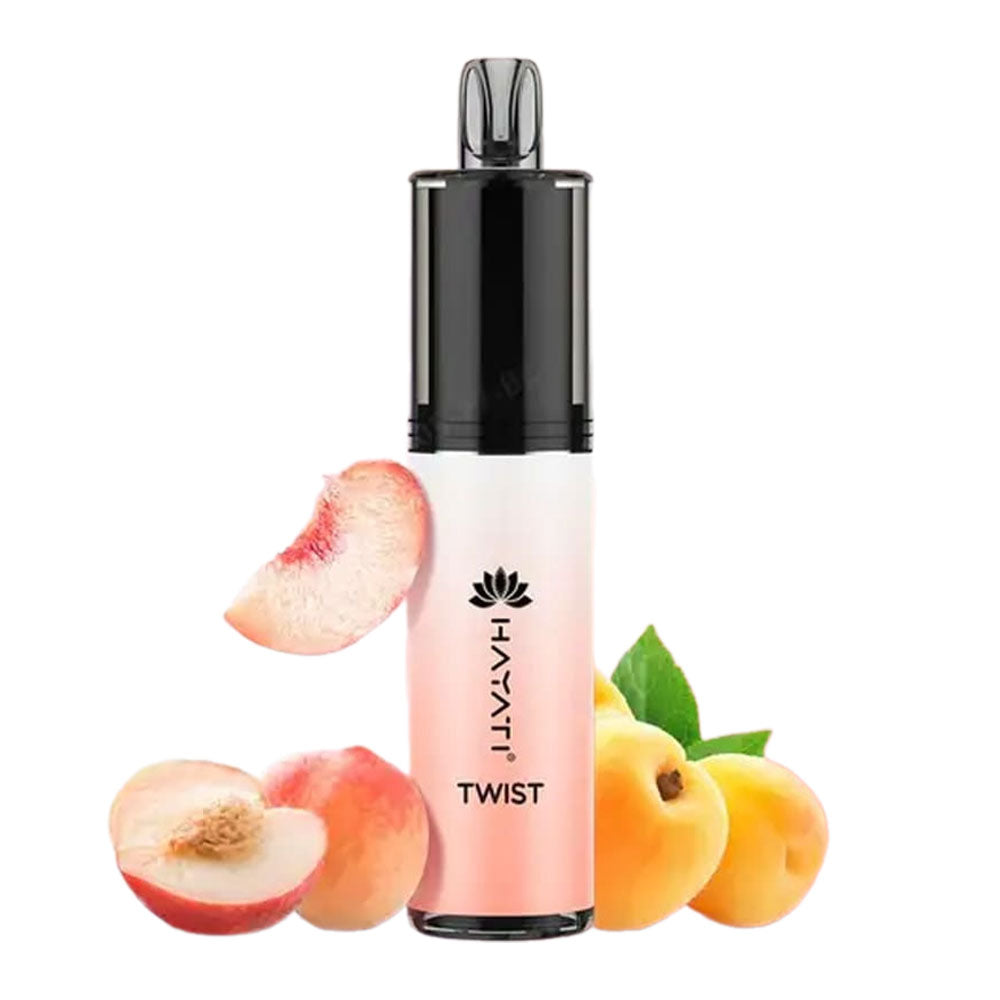 Hayati Twist disposable vape featuring a luscious fusion of sweet peach and juicy apricot flavors.