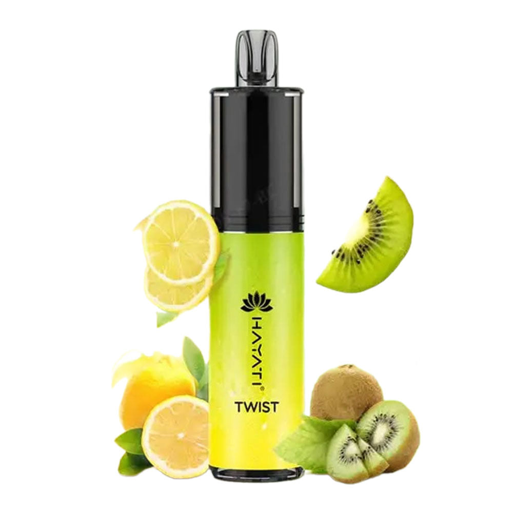 Hayati Twist disposable vape with a zesty blend of tangy lemon and sweet kiwi flavors.
