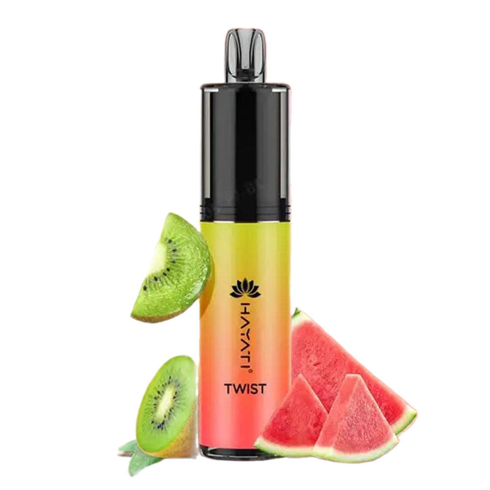 Hayati Twist disposable vape featuring a refreshing fusion of juicy watermelon and tropical kiwi flavors.