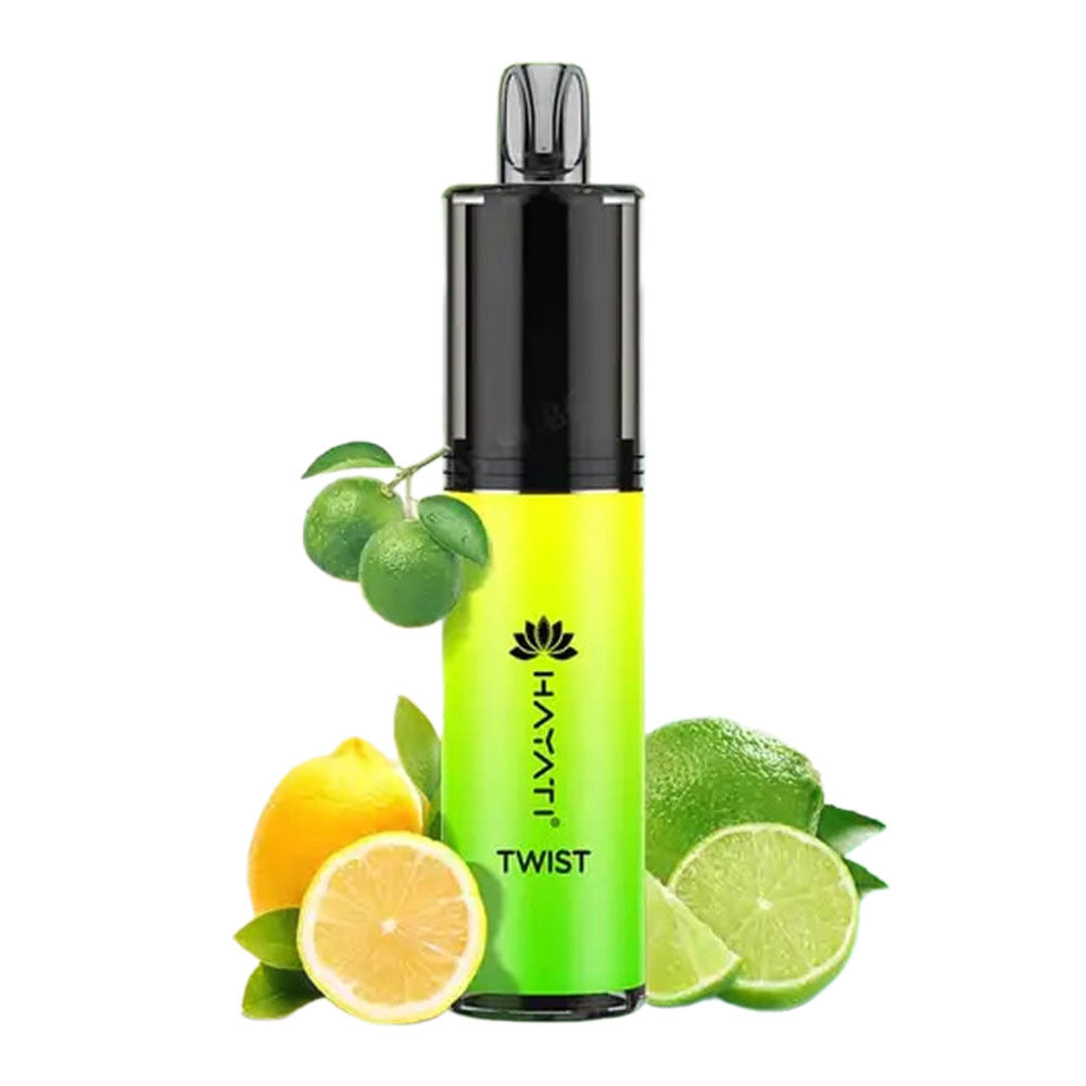 Hayati Twist disposable vape with a citrus blast flavor, featuring a refreshing mix of lemons and limes.