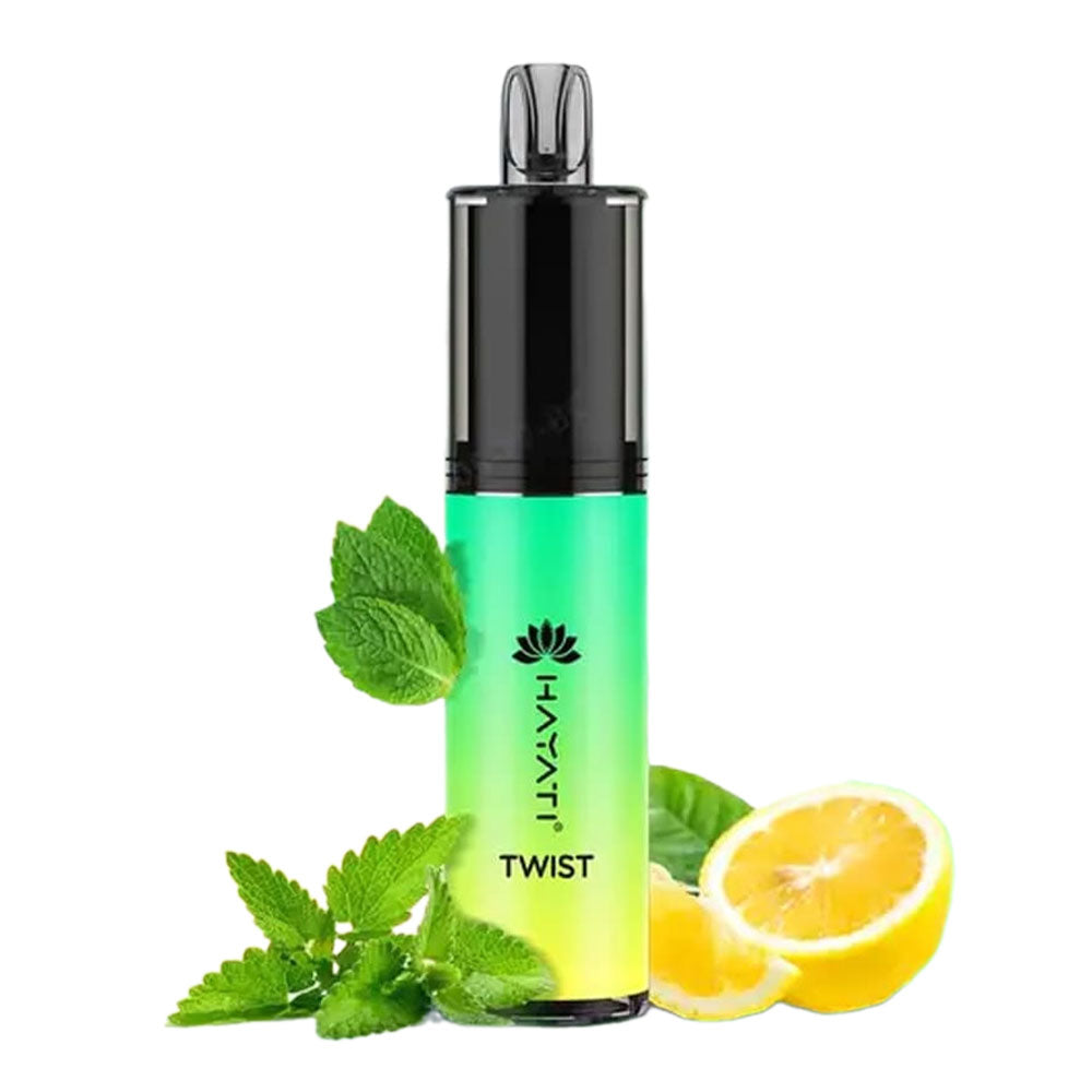 Hayati Twist disposable vape with a refreshing lemon mint flavor, featuring zesty lemons and fresh mint leaves.