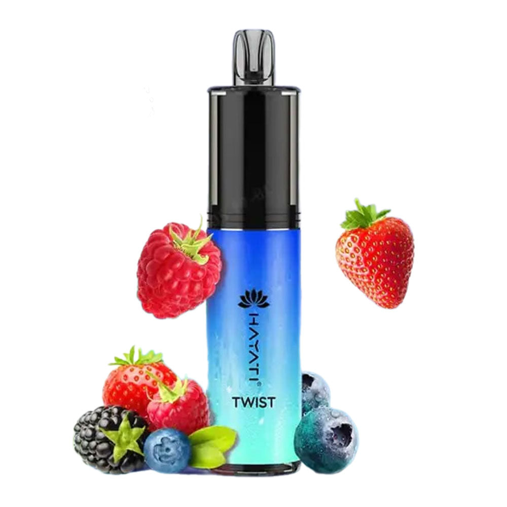 Hayati Twist disposable vape with a mixed berry explosion, featuring raspberries, strawberries, blueberries, and blackberries.