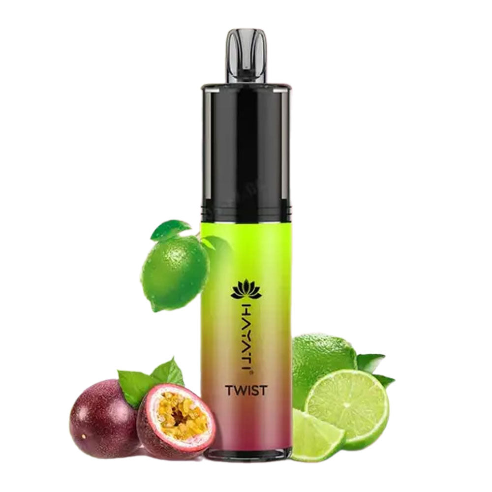 Hayati Twist disposable vape featuring a tropical citrus blend, surrounded by passion fruit and lime.