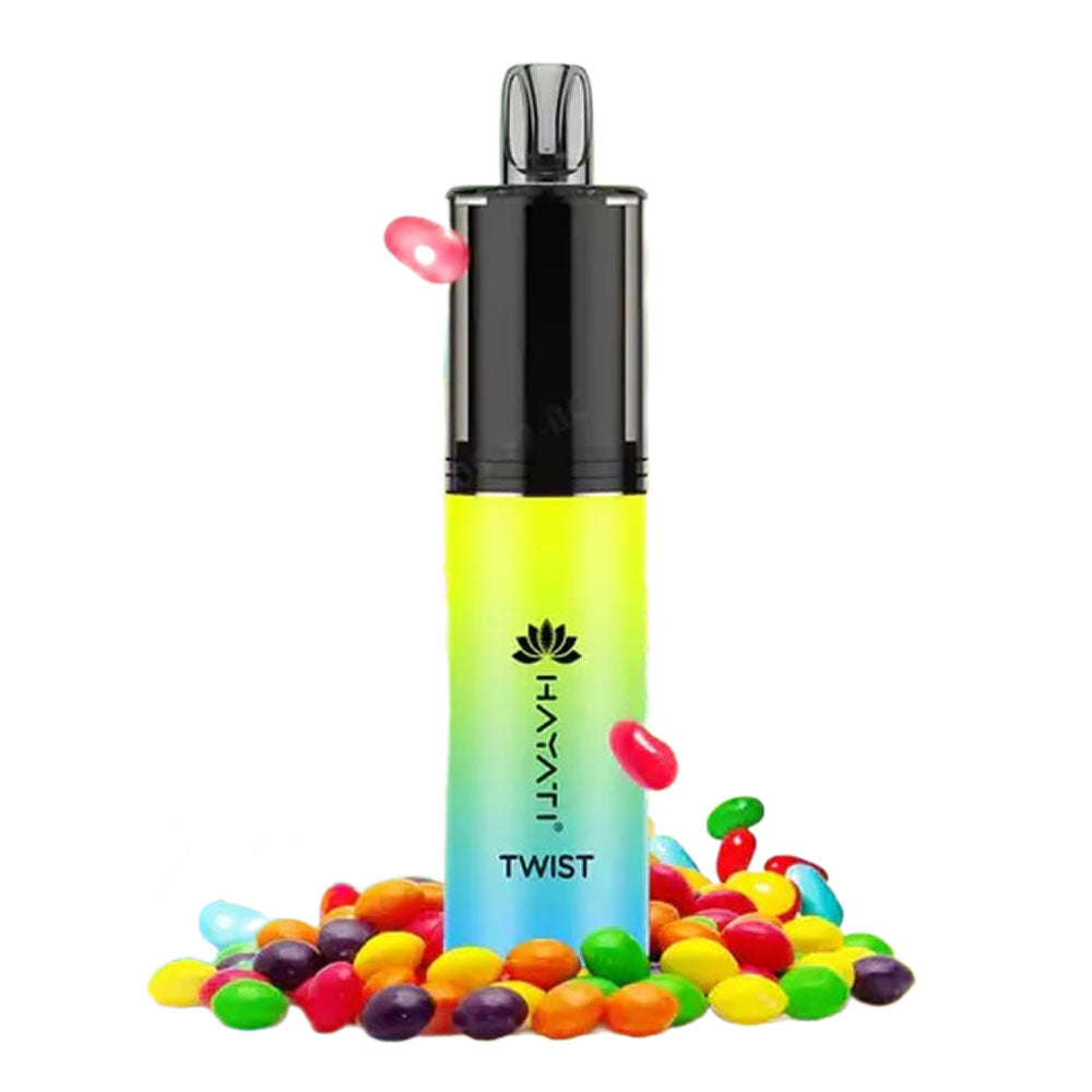 Hayati Twist disposable vape with a candy-inspired flavor, surrounded by colorful jelly beans.