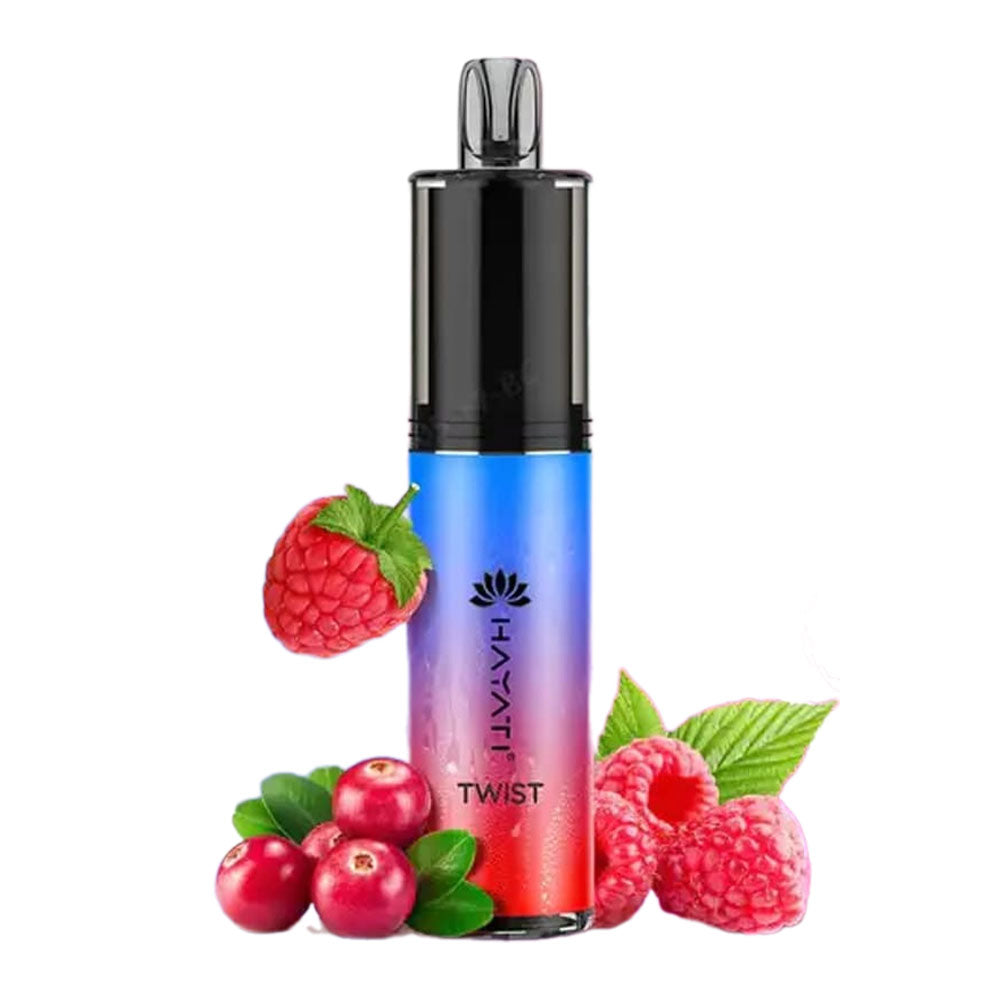 Hayati Twist disposable vape with a raspberry and cranberry flavor.