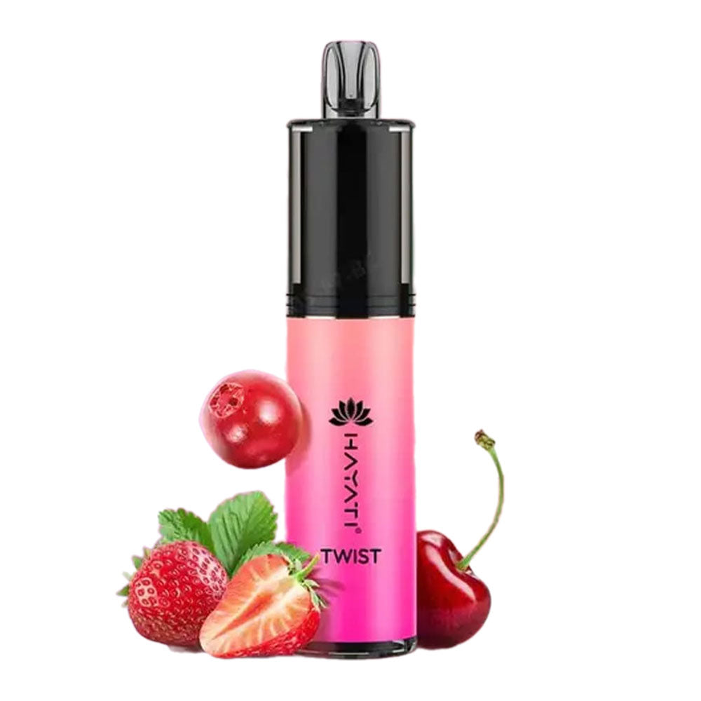 Hayati Twist disposable vape with a strawberry, cherry, and cranberry flavor.