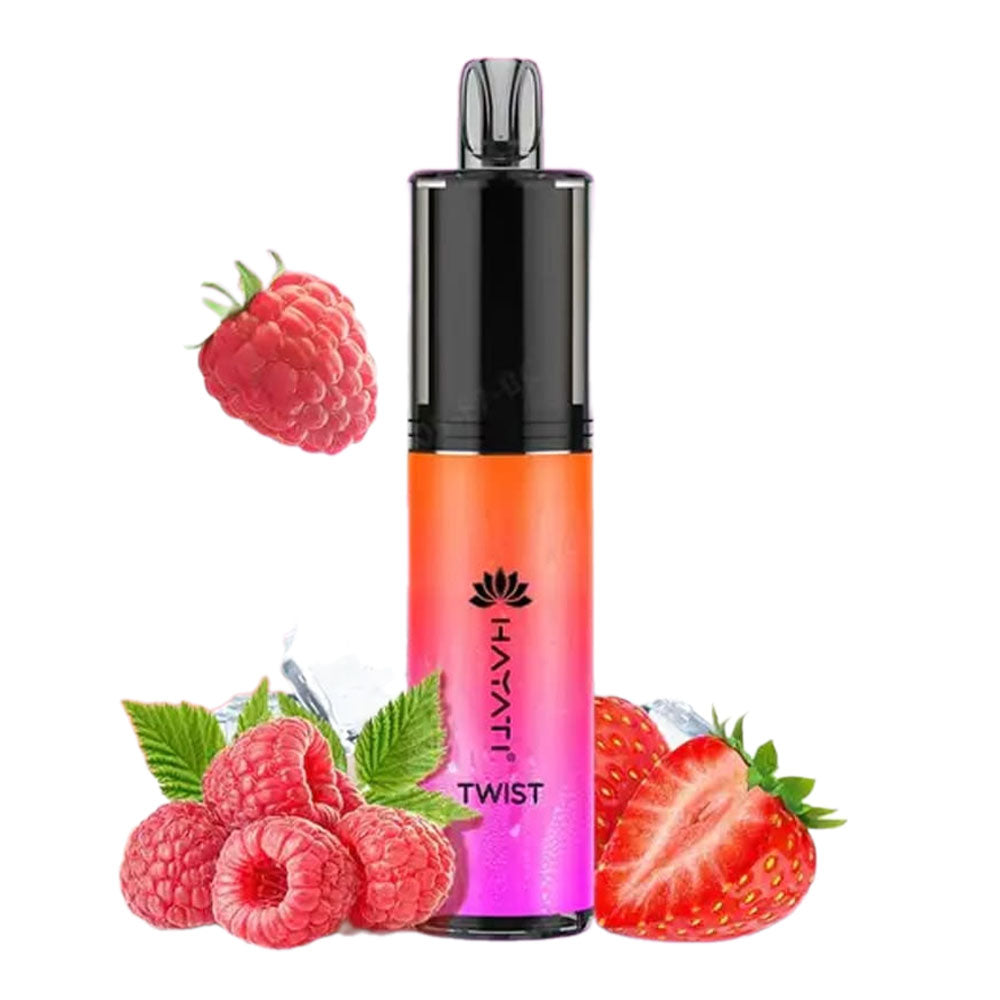 Hayati Twist disposable vape with a raspberry, strawberry, and ice flavor.
