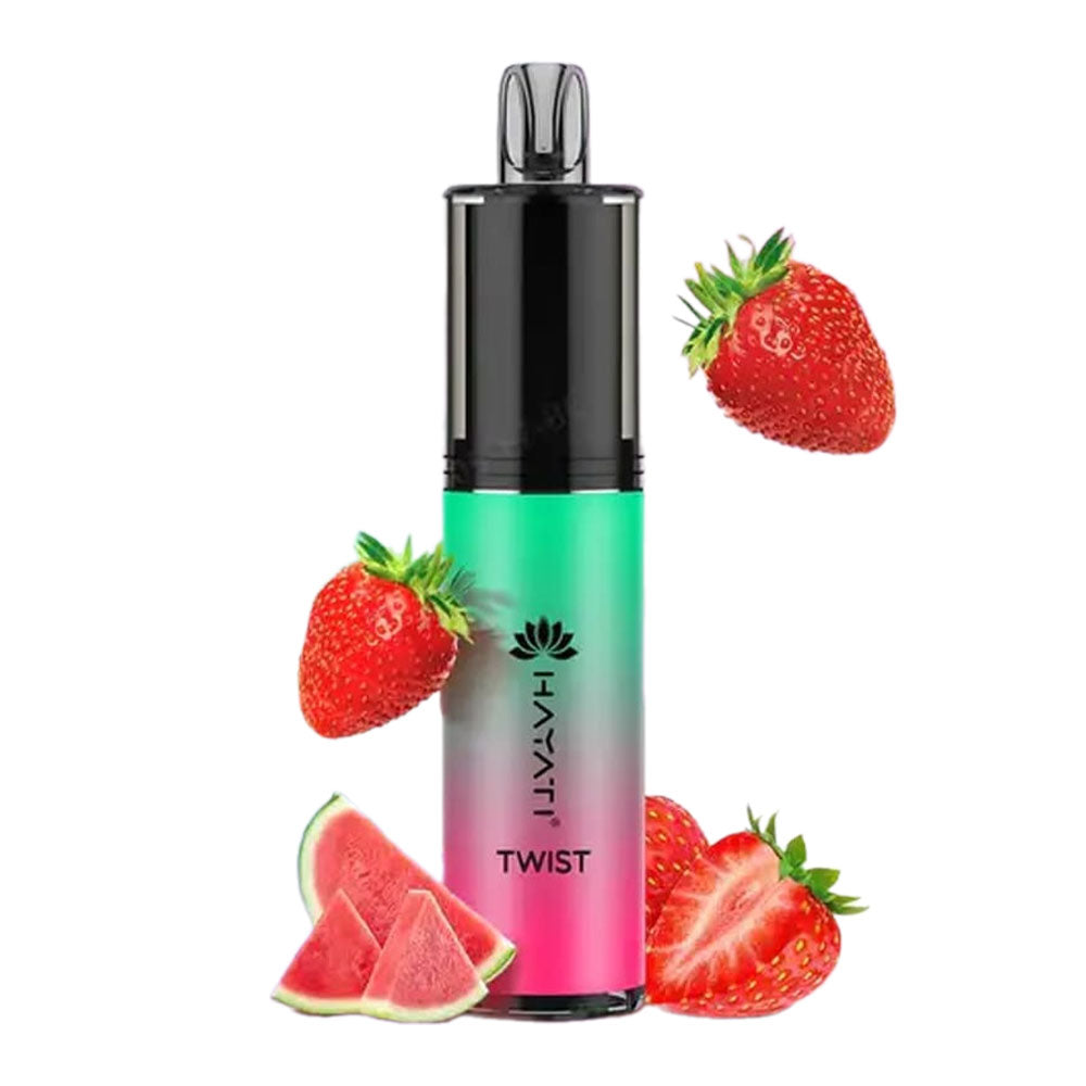 Hayati Twist disposable vape with a strawberry and watermelon flavor.