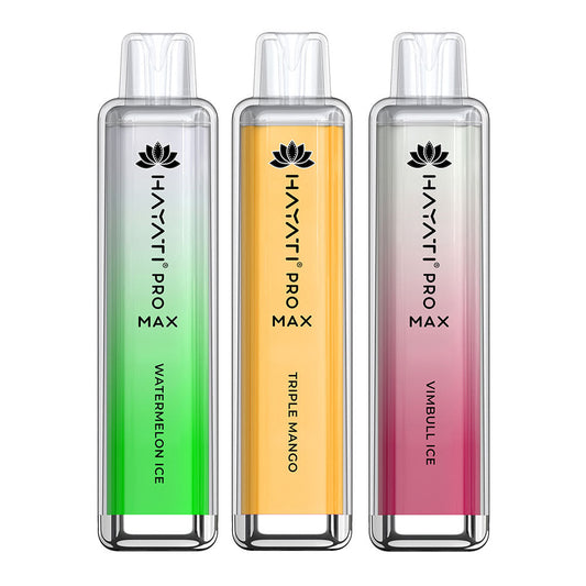 HAYATI Pro Max disposable vape devices in Watermelon Ice, Triple Mango, and Vimbull Ice flavors.