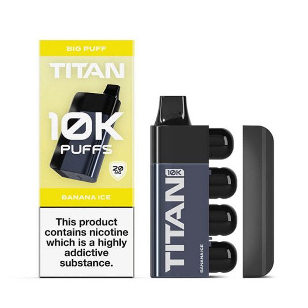 A vape device in a black casing, with a yellow and white box stating "TITAN, 10K Puffs, Banana Ice, 20 mg nicotine.