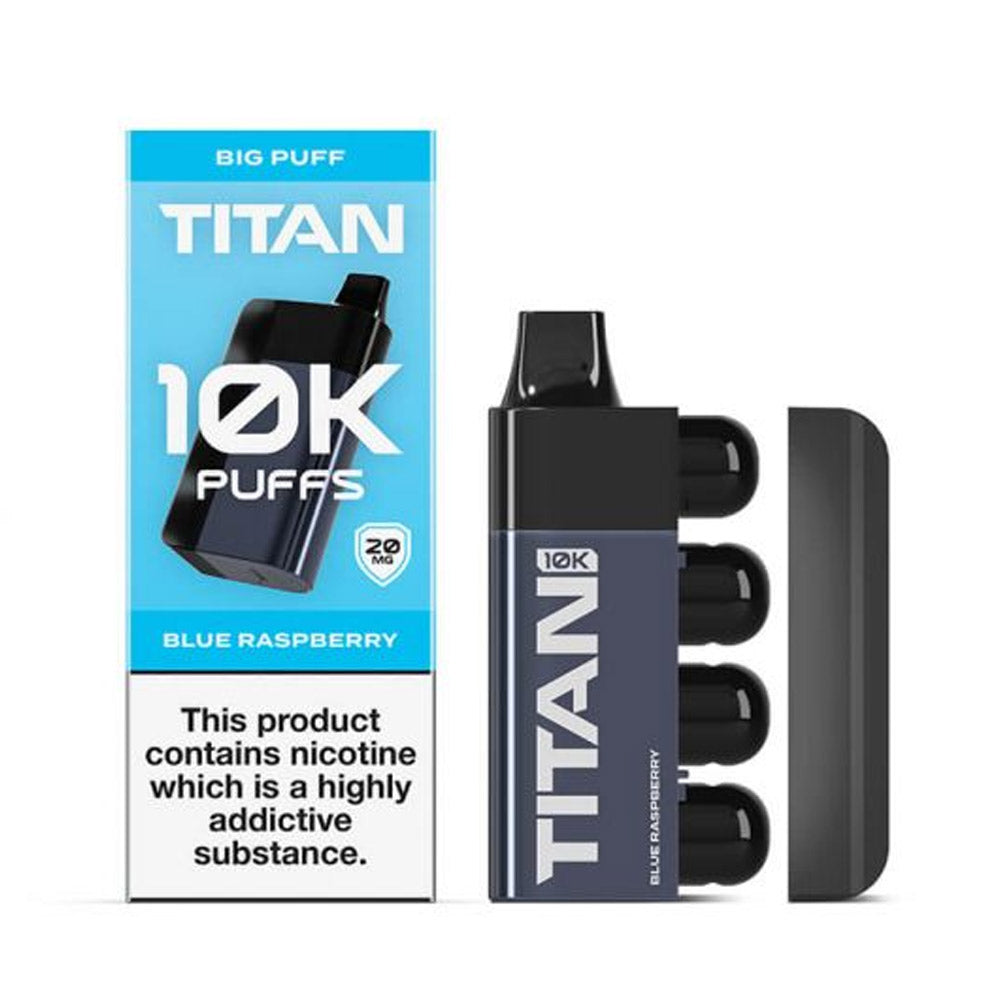 A vaping device labeled "Titan" in blue raspberry flavor, with packaging indicating 10K puffs and 20mg nicotine content.