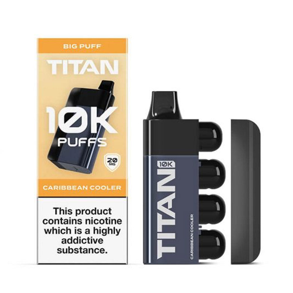 A vape device labeled "TITAN 10K Puffs" in Caribbean Cooler flavor