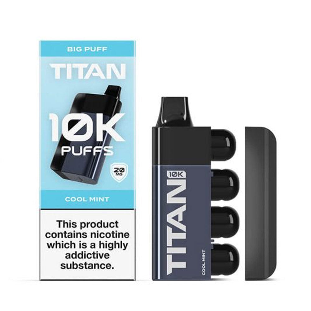 A Titan 10k vape device in cool mint flavor with packaging, highlighting 10,000 puffs