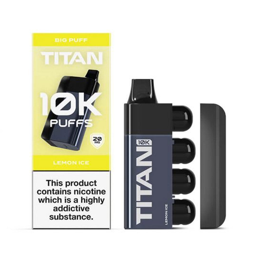 Black vaping device labeled "TITAN 10K PUFFS Lemon Ice" next to its yellow packaging