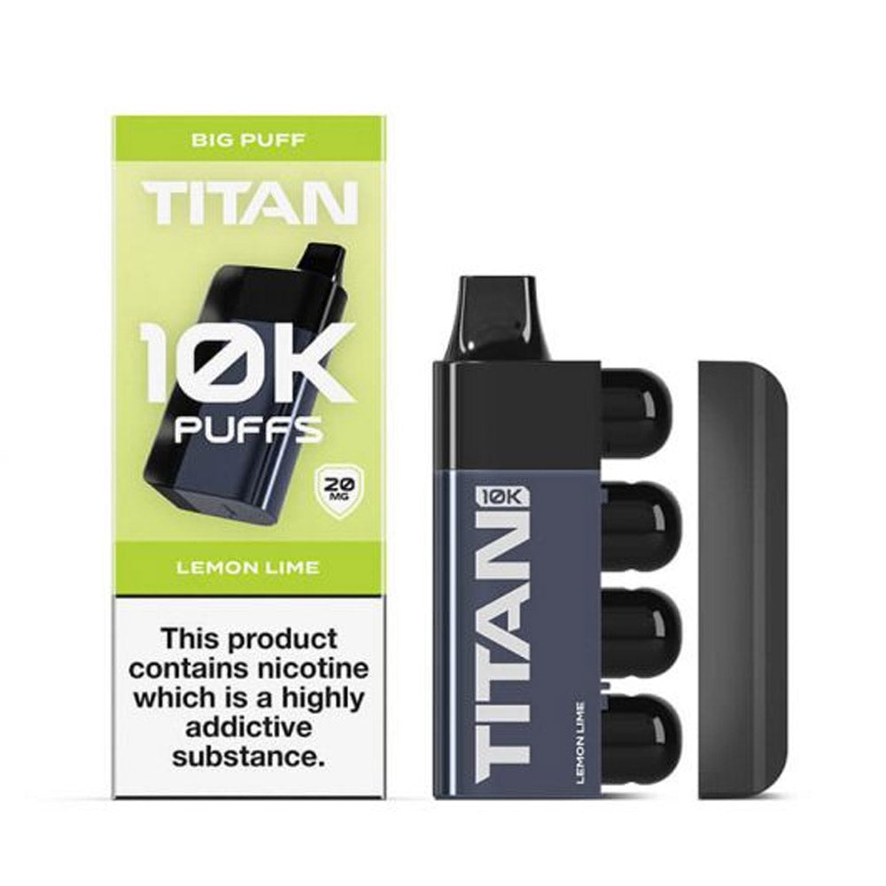A sleek black vape device titled "Titan 10k" with a lemon-lime flavor