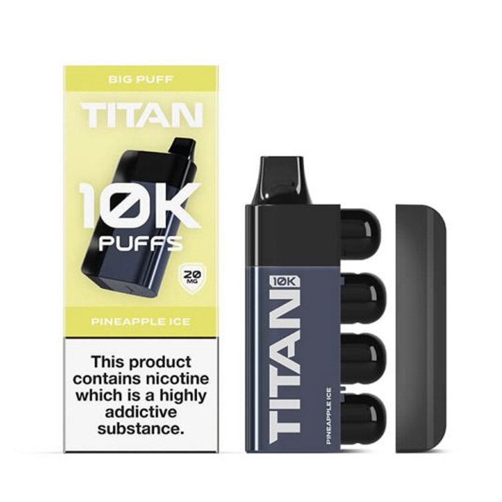 A TITAN 10k vape device in Pineapple Ice flavor, with packaging that highlights 10,000 puffs