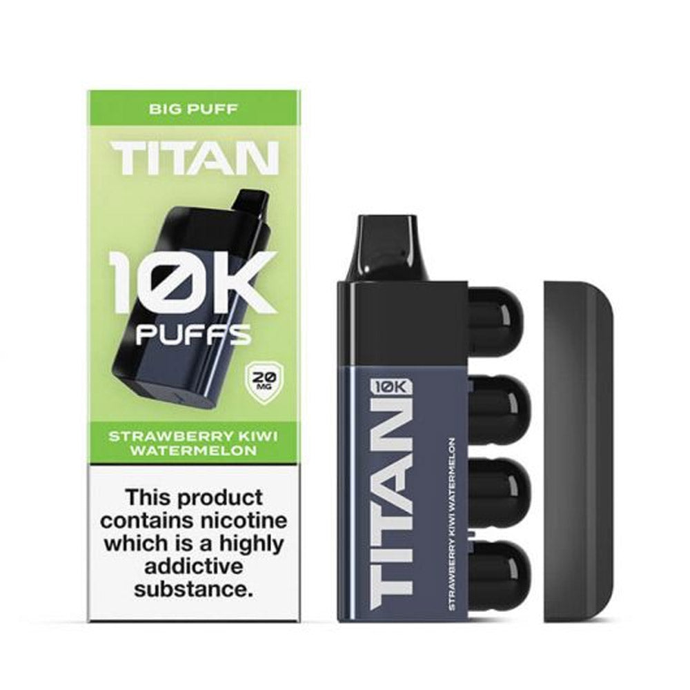 A TITAN 10k vape device in a blue and black casing, next to its green packaging, flavor: Strawberry Kiwi Watermelon