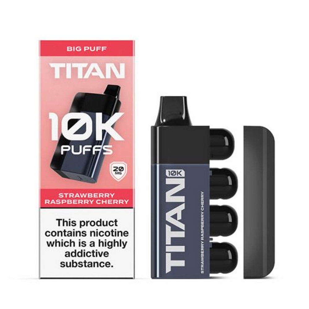 Packaging for Titan vape featuring a black device next to a red box, labeled 10K Puffs Strawberry Raspberry Cherry