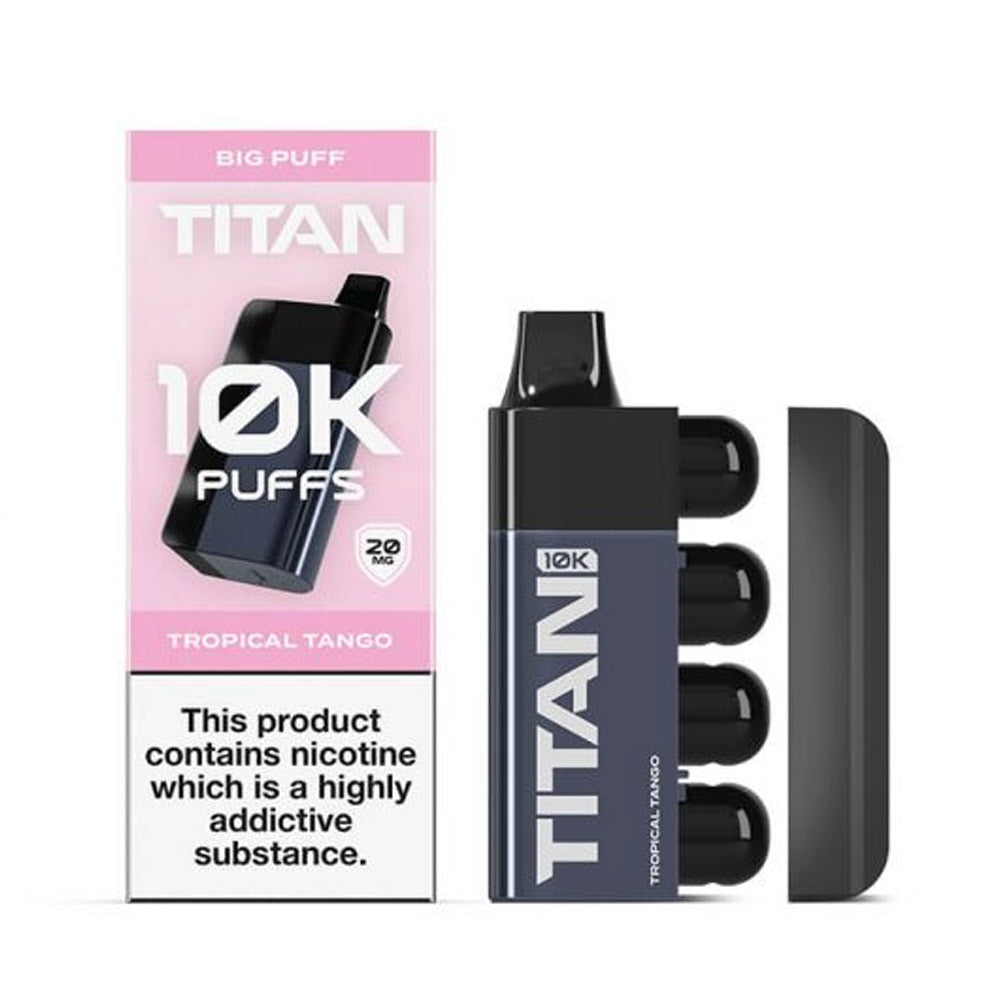 A vape device labeled "Titan 10K Puffs" in Tropical Tango flavor, with warning about nicotine addiction on the packaging.