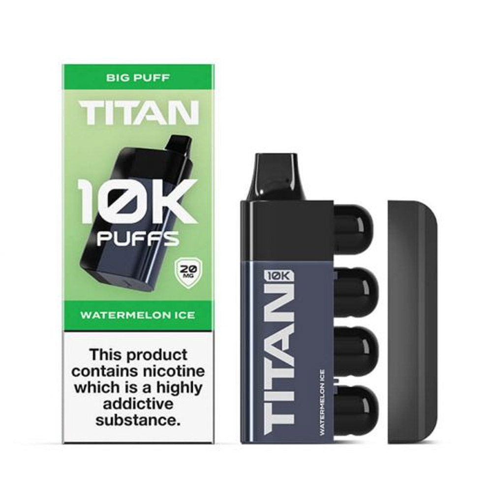 A Titan vape device in a box labeled Watermelon Ice offering 10,000 puffs,