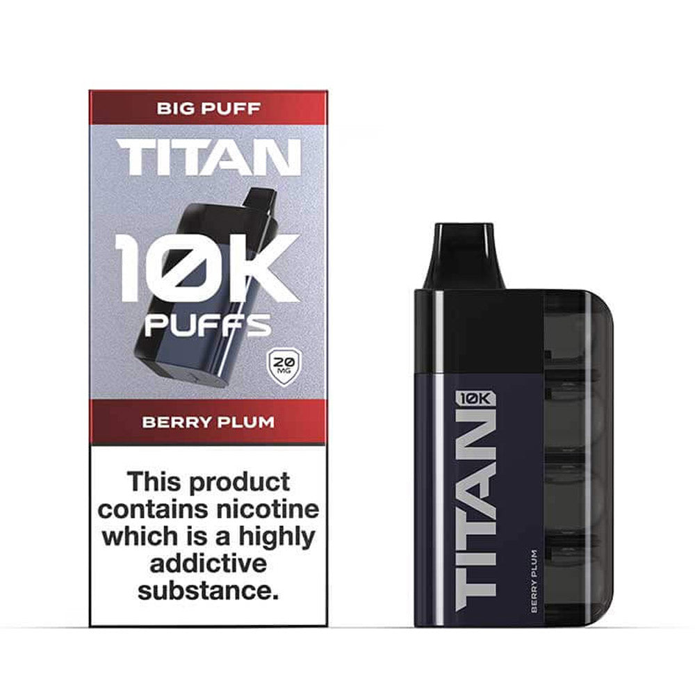 A sleek vape device labeled "TITAN 10K Puffs" next to an illustrated box, featuring "Berry Plum" flavor