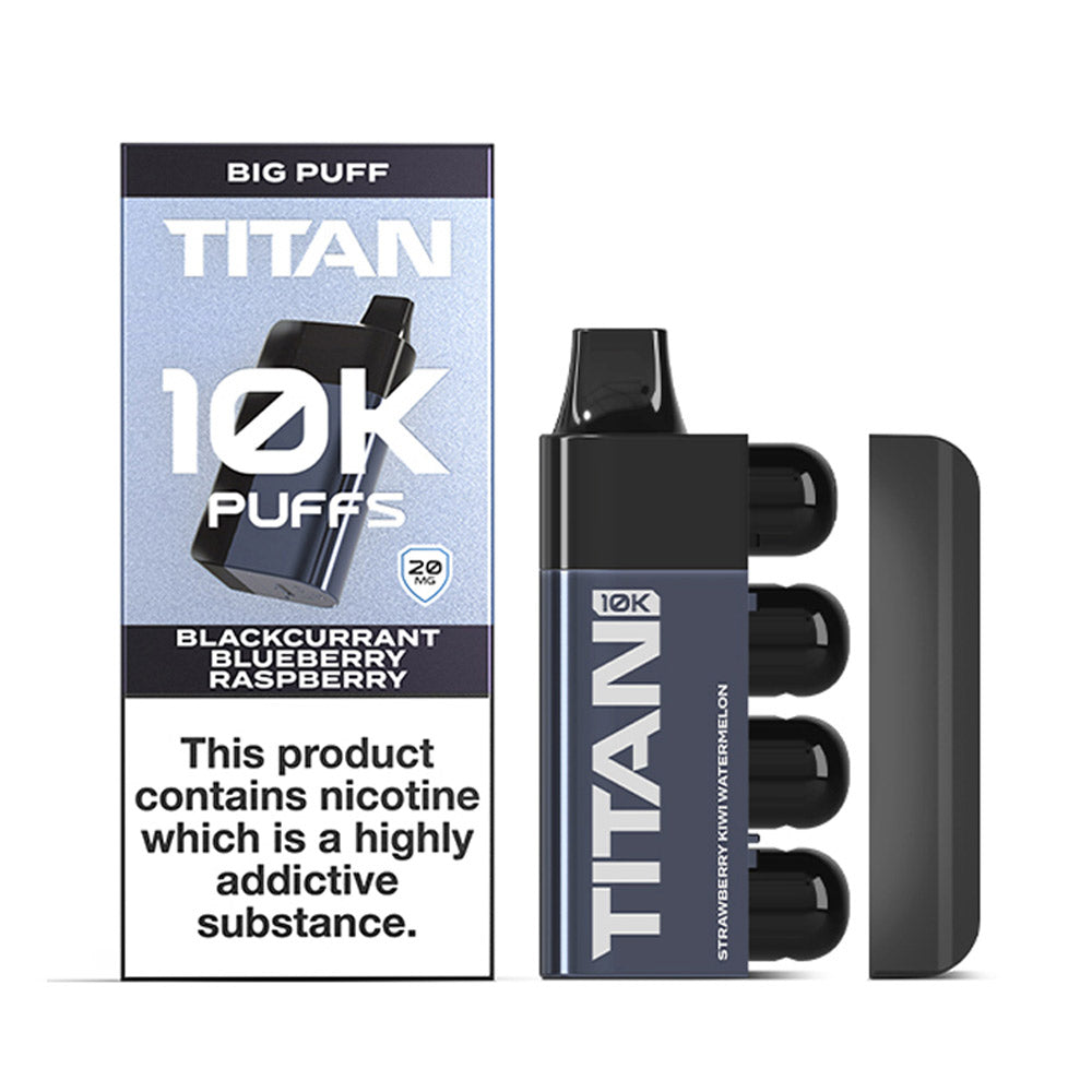 A vape device and packaging labeled "Titan 10K Puffs" featuring flavors: Blackcurrant Blueberry Raspberry and Strawberry Kiwi Watermelon.