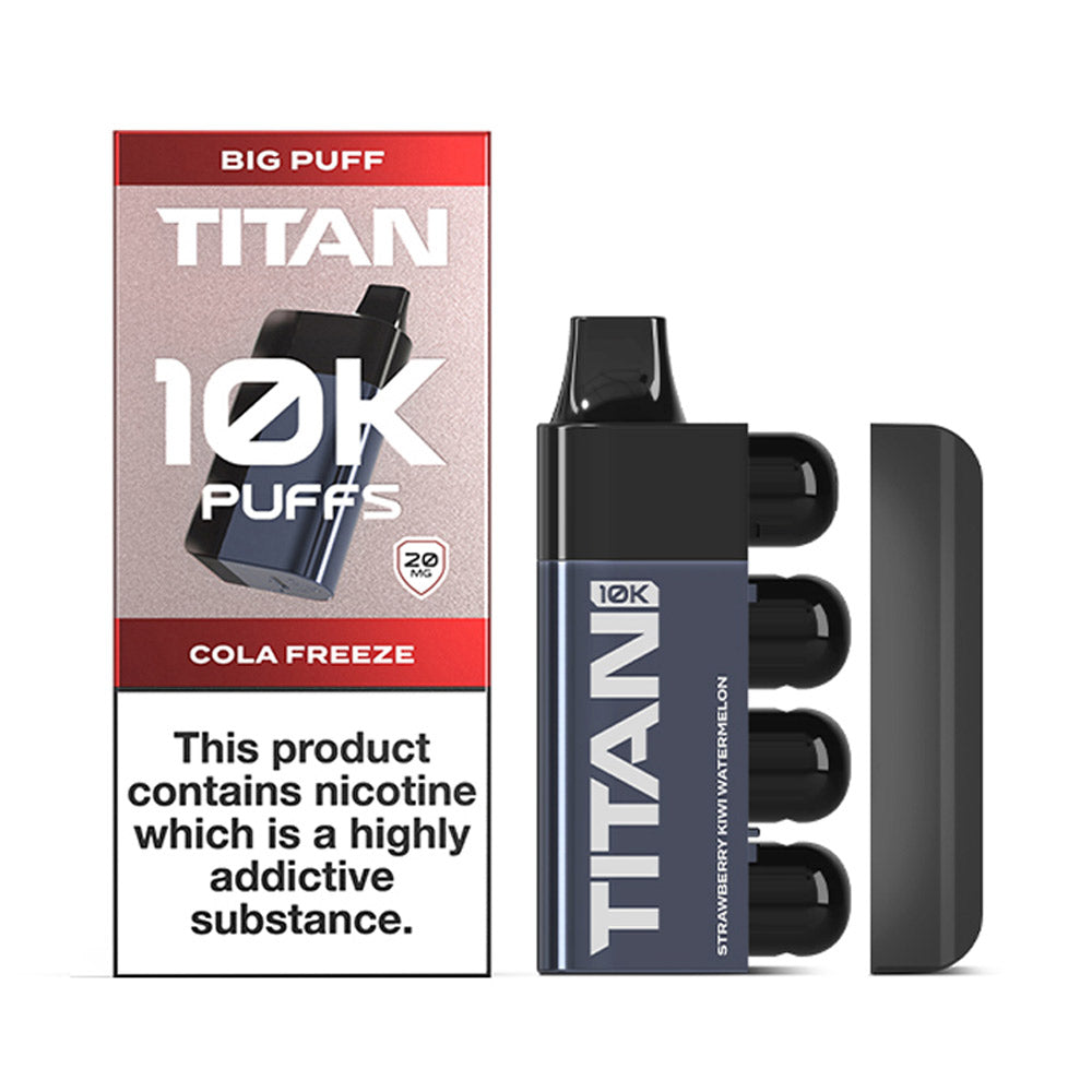 A vape device and its packaging, labeled Titan 10K Puffs Cola Freeze, highlighting nicotine content and flavors like strawberry kiwi watermelon.