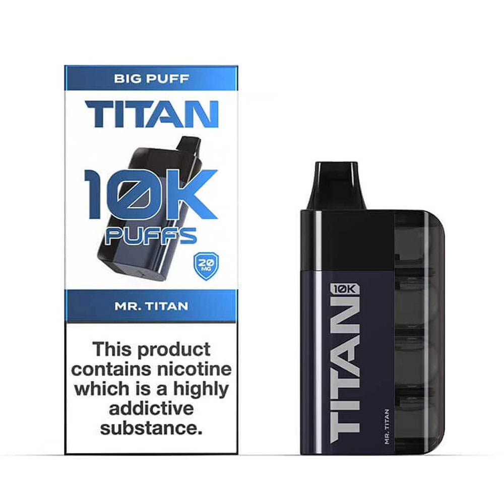 A vape device labeled "Titan 10K Puffs" with a caution about nicotine addiction, displayed next to its packaging. flavor Mr. Titan