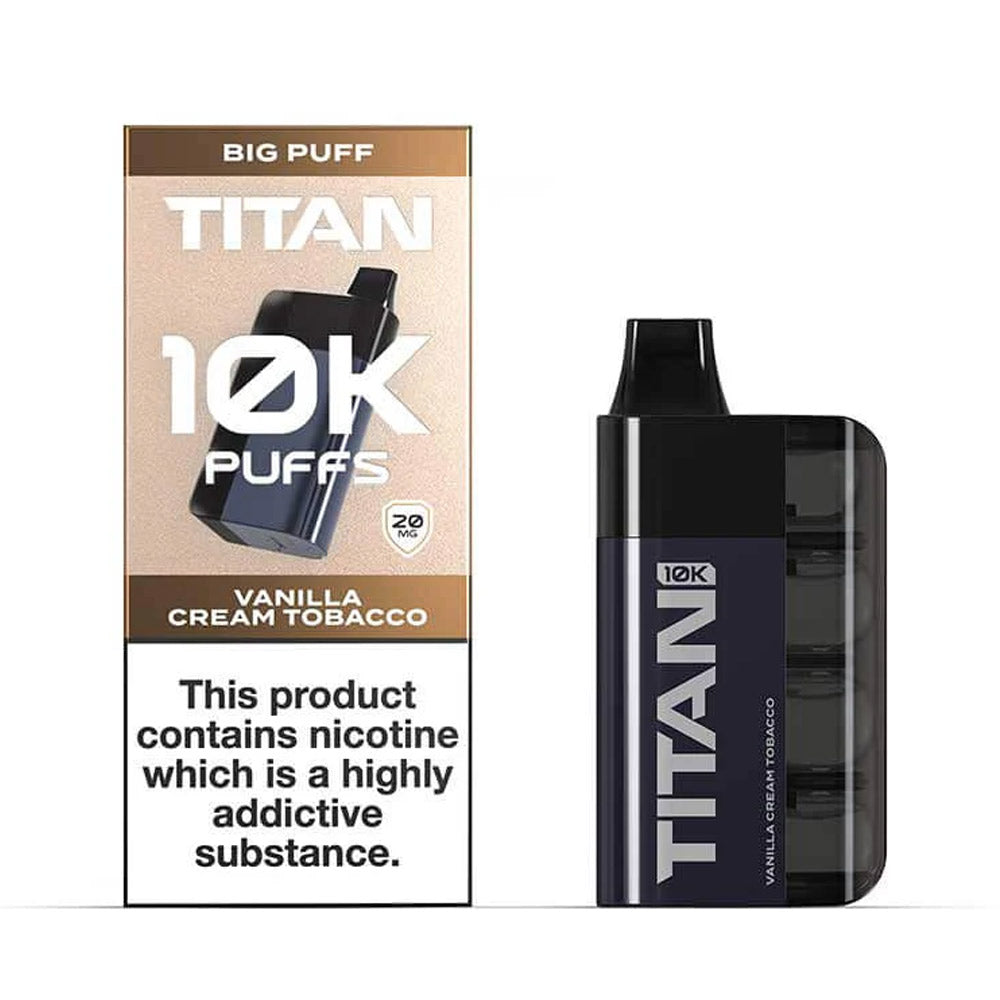 A vape package labeled "TITAN 10K PUFFS" with a vanilla cream tobacco flavor.