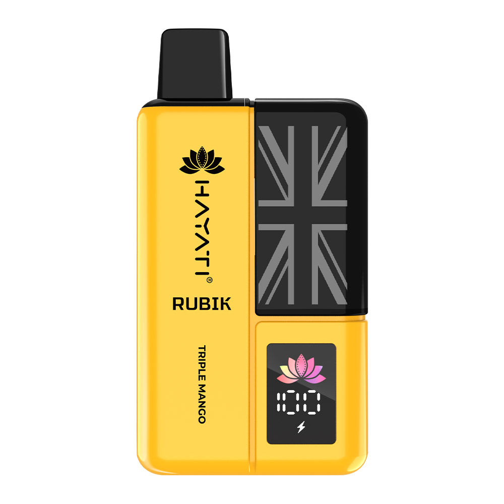 Yellow vape device labeled "Hayati Rubik" with Union Jack design and "Triple Mango" flavor, featuring a digital display.