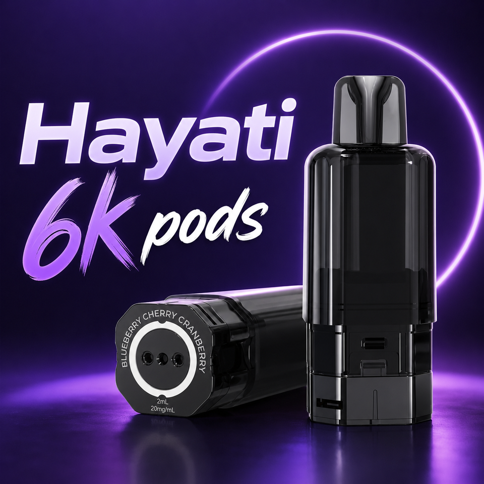Two black Hayati 6K pod disposable vape devices on a purple gradient background with a glowing ring and large 'Hayati 6K pods' text.