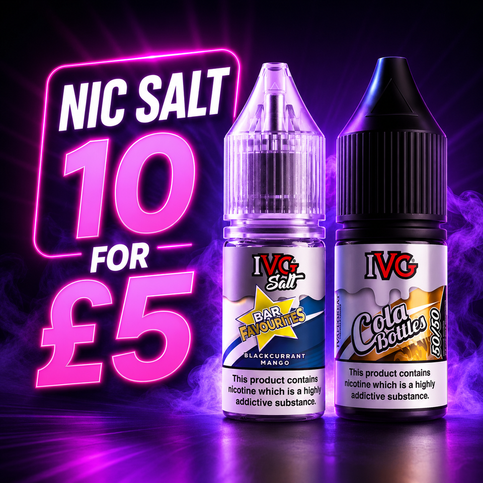 Two IVG Salt nicotine e-liquid bottles displayed against a dark purple and pink neon background with a large promotional text overlay reading 'NIC SALT 10 FOR £5'. The left bottle is labeled 'Star favouritess Blackcubbant Razz' and is clear, showing the liquid inside.