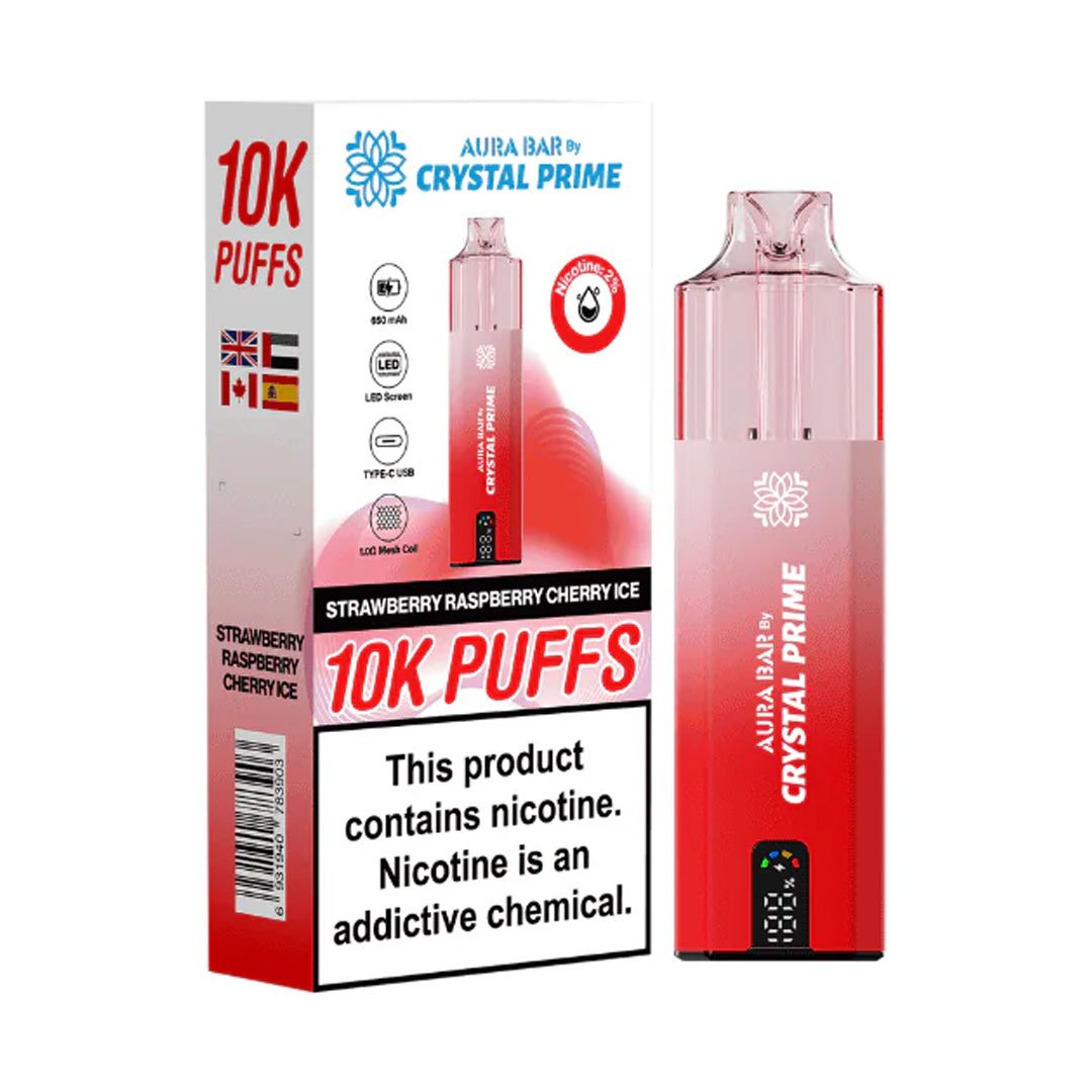 Crystal Prime Aura Bar 10K Prefilled Pod Kit - Strawberry Raspberry Cherry Ice