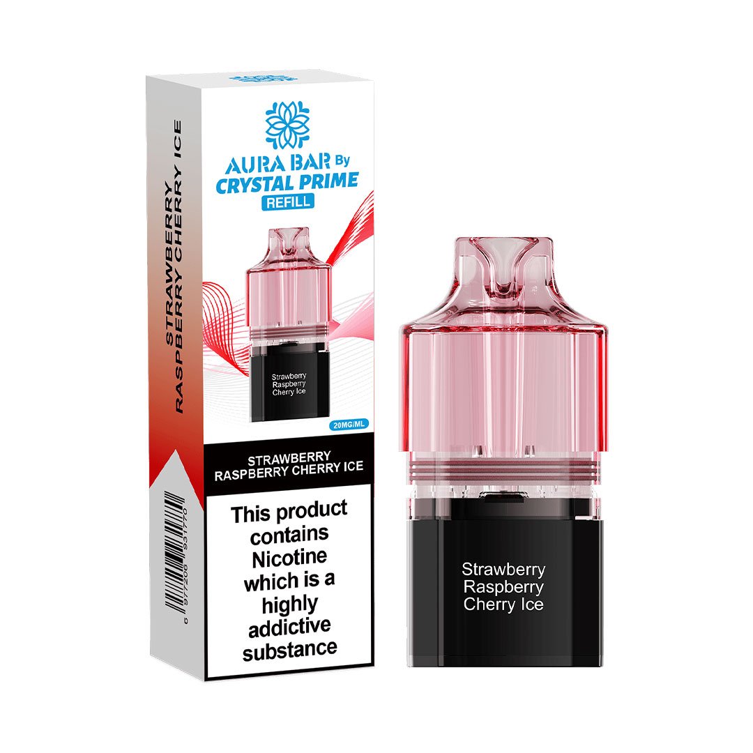 Crystal Prime Aura Bar 10K Prefilled Pods - Strawberry Raspberry Cherry Ice