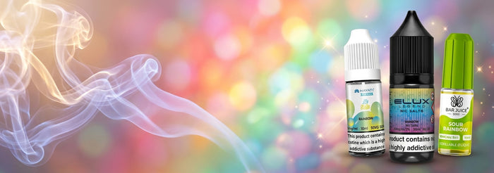 Three small vape/e-liquid bottles displayed on the right against a colorful blurred bokeh background with decorative smoke on the left. Visible brands include ELUX on the center bottle and Sour Patch on the right bottle.