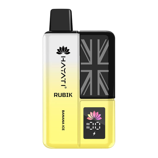 A yellow and black vape device labeled "Hayati Rubik" with a banana ice flavor and a digital display showing battery life.