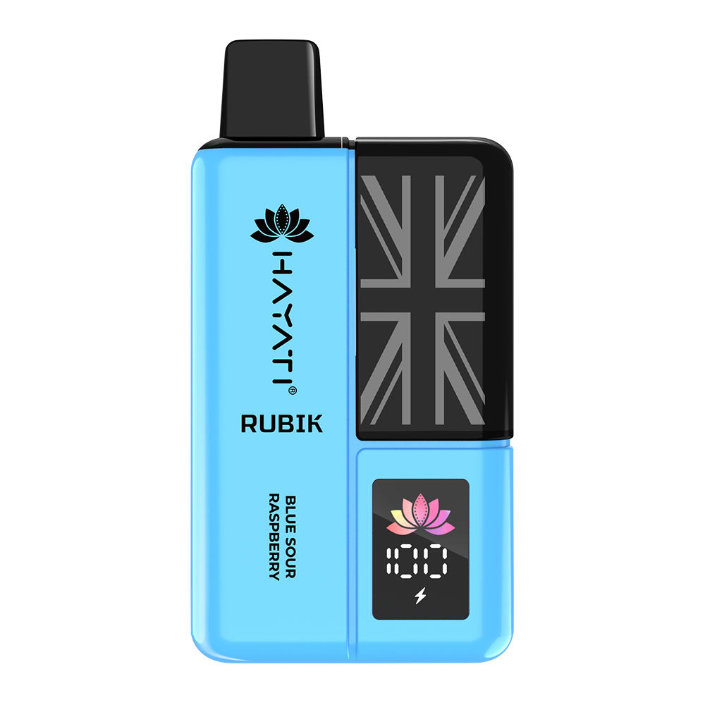 Hayati Rubik vape device in blue, featuring a British flag design and display for blue sour raspberry flavor.