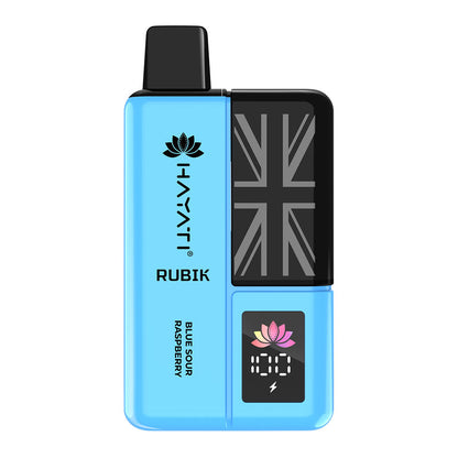 Hayati Rubik vape device in blue, featuring a British flag design and display for blue sour raspberry flavor.