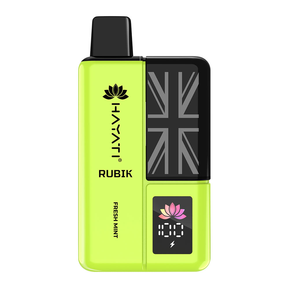 Bright green vape device labeled "Hayati Rubik Fresh Mint" featuring a British flag design and a digital display.