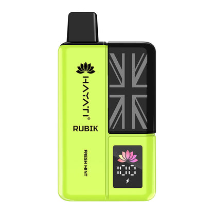 Bright green vape device labeled "Hayati Rubik Fresh Mint" featuring a British flag design and a digital display.