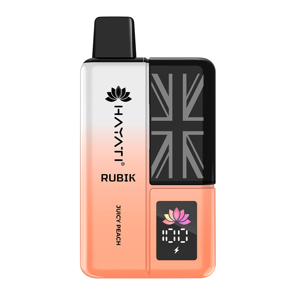 A sleek vape device labeled "Hayati Rubik" in gradient Juicy peach features a Union Jack design and a digital display for wattage.