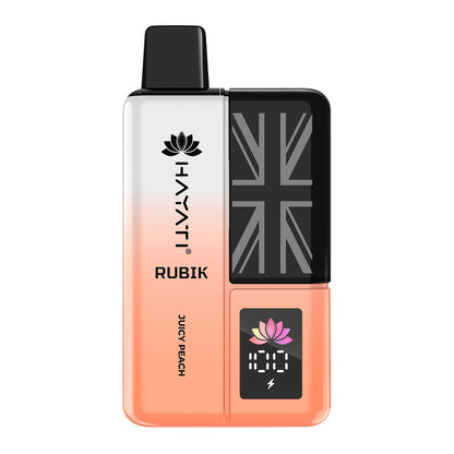 A sleek vape device labeled "Hayati Rubik" in gradient Juicy peach features a Union Jack design and a digital display for wattage.