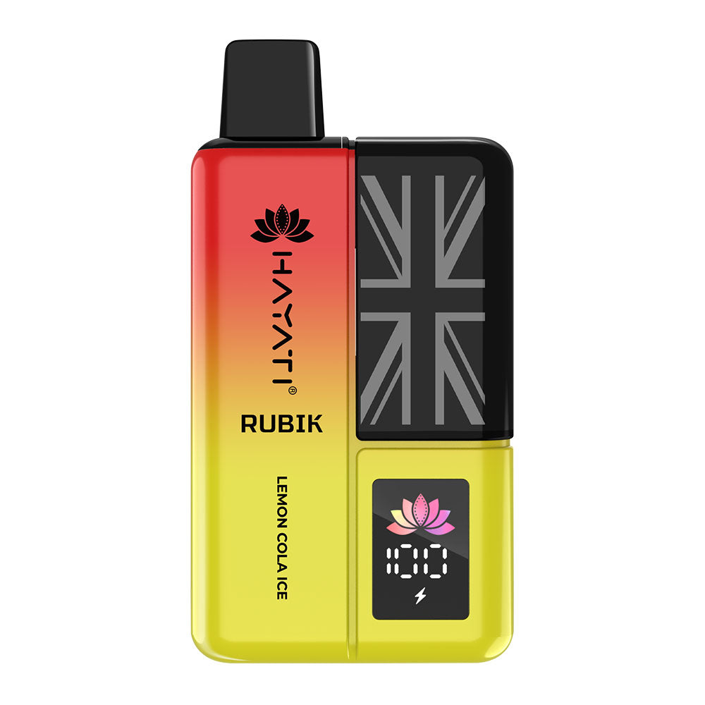 A colorful vape device by Hayati named Rubik, featuring a gradient red to yellow design with a British flag and "Lemon Cola Ice" flavor label.